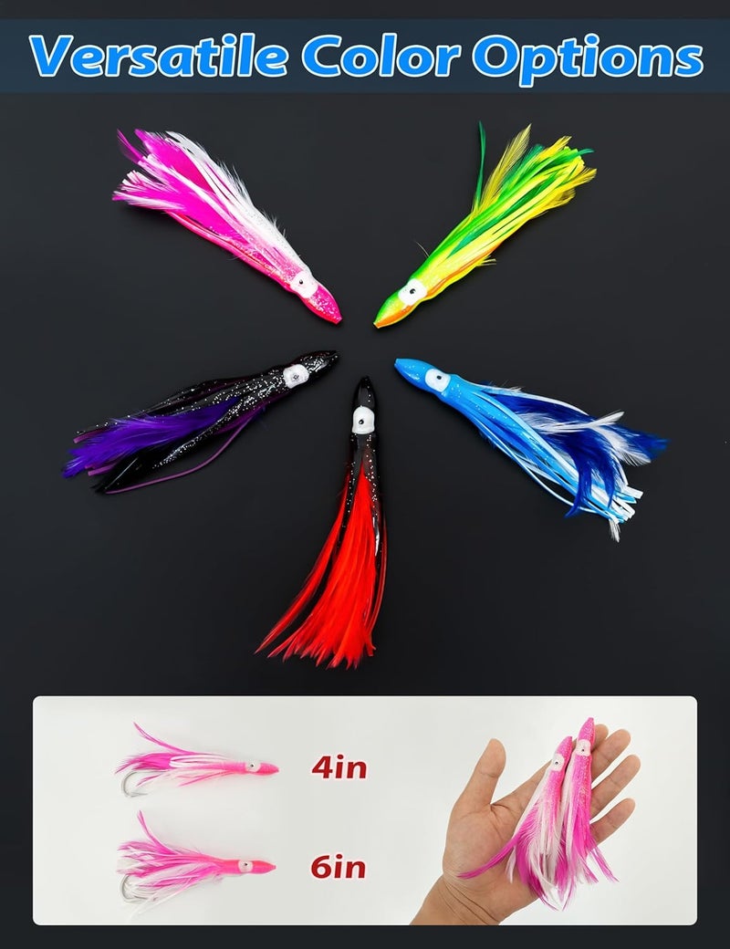 BLUEWING 5 Pack Tuna Feather Squid Lure Set Fishing Teaser with 4in/6in Feathered Trolling Octopus and Stainless Steel Hook for Mahi Wahoo Marlin Big Game - Image 3